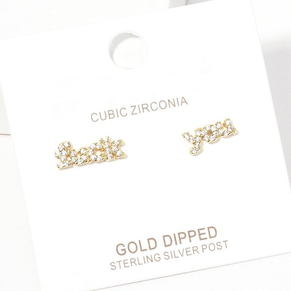 Gold Dipped CZ Embellished fXXk you Message Stud Earring - Picture 1 of 2